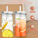 Verre à boisson carré, chic et pratique, avec couvercle et paille