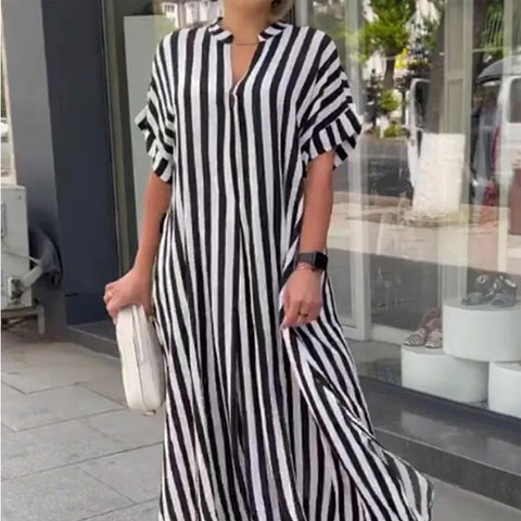 Robe Chemise à Col en V, Imprimé Rayé