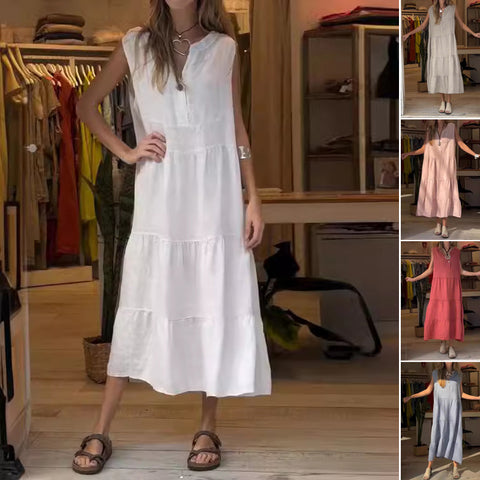 Robe sans manches en coton et lin à un bouton