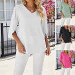 Chemise en mousseline de soie à col en V et à manches mi-longues, de couleur unie