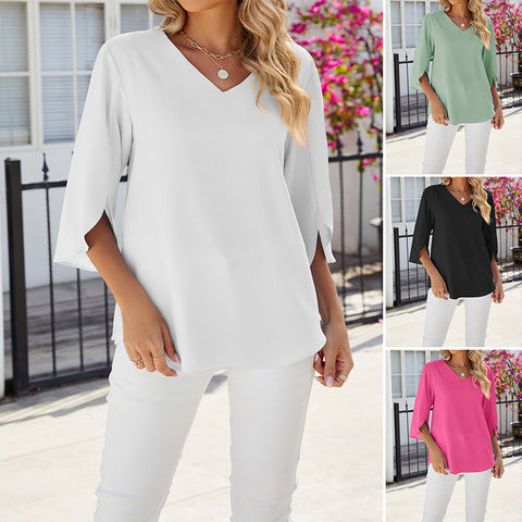 Chemise en mousseline de soie à col en V et à manches mi-longues, de couleur unie