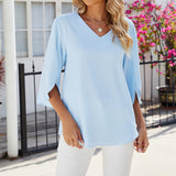 Chemise en mousseline de soie à col en V et à manches mi-longues, de couleur unie