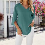 Chemise en mousseline de soie à col en V et à manches mi-longues, de couleur unie
