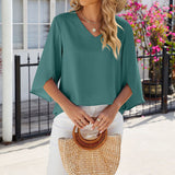 Chemise en mousseline de soie à col en V et à manches mi-longues, de couleur unie
