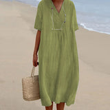 Robe en coton et lin de couleur unie pour femmes