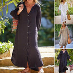 Robe longue minimaliste en coton et lin à col en V pour femmes