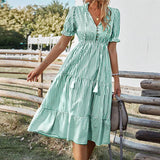 Robe à col en V et imprimé à rayures