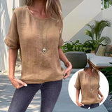 T-shirt ample à manches mi-longues en coton et lin