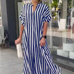 Robe Chemise à Col en V, Imprimé Rayé