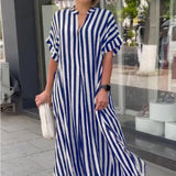 Robe Chemise à Col en V, Imprimé Rayé