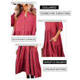 Robe midi en coton à demi-manches avec poches pour femmes