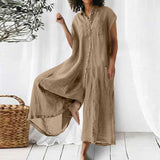 Combinaison d'été décontractée en coton et lin à manches courtes de couleur unie pour femmes