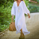 Robe longue minimaliste en coton et lin à col en V pour femmes