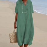 Robe en coton et lin de couleur unie pour femmes