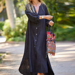 Robe longue minimaliste en coton et lin à col en V pour femmes