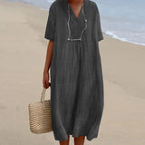 Robe en coton et lin de couleur unie pour femmes