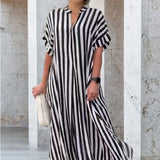 Robe Chemise à Col en V, Imprimé Rayé