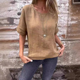T-shirt ample à manches mi-longues en coton et lin