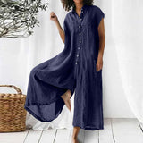 Combinaison d'été décontractée en coton et lin à manches courtes de couleur unie pour femmes