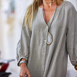 Robe longue minimaliste en coton et lin à col en V pour femmes