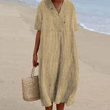 Robe en coton et lin de couleur unie pour femmes