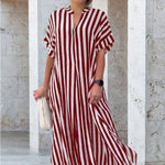 Robe Chemise à Col en V, Imprimé Rayé
