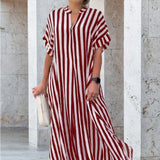 Robe Chemise à Col en V, Imprimé Rayé
