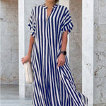 Robe Chemise à Col en V, Imprimé Rayé
