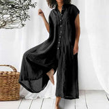 Combinaison d'été décontractée en coton et lin à manches courtes de couleur unie pour femmes