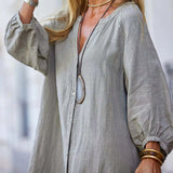 Robe longue minimaliste en coton et lin à col en V pour femmes