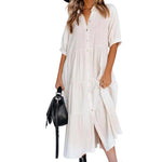 Robe midi en coton à demi-manches avec poches pour femmes