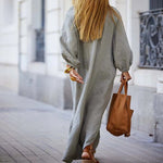 Robe longue minimaliste en coton et lin à col en V pour femmes