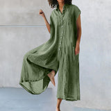 Combinaison d'été décontractée en coton et lin à manches courtes de couleur unie pour femmes