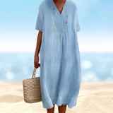 Robe en coton et lin de couleur unie pour femmes