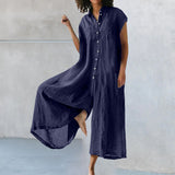 Combinaison d'été décontractée en coton et lin à manches courtes de couleur unie pour femmes