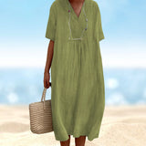 Robe en coton et lin de couleur unie pour femmes