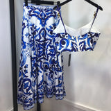 Robe deux pièces en porcelaine bleue et blanche