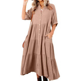 Robe midi en coton à demi-manches avec poches pour femmes