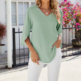 Chemise en mousseline de soie à col en V et à manches mi-longues, de couleur unie