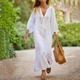 Robe longue minimaliste en coton et lin à col en V pour femmes