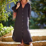 Robe longue minimaliste en coton et lin à col en V pour femmes