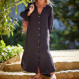 Robe longue minimaliste en coton et lin à col en V pour femmes