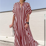 Robe Chemise à Col en V, Imprimé Rayé