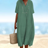 Robe en coton et lin de couleur unie pour femmes