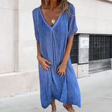 Robe midi en coton et lin à encolure en V