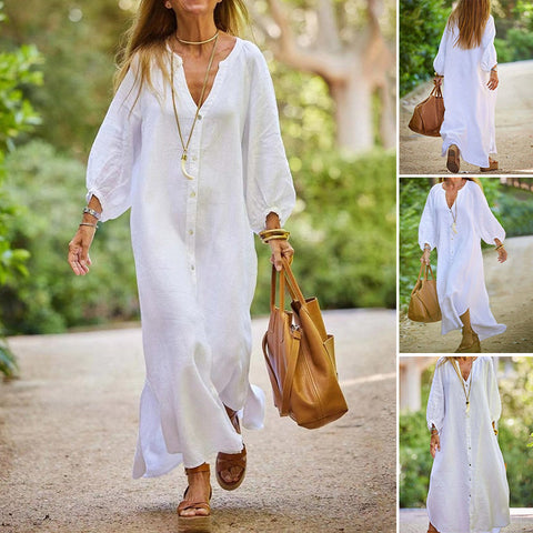 Robe longue minimaliste en coton et lin à col en V pour femmes