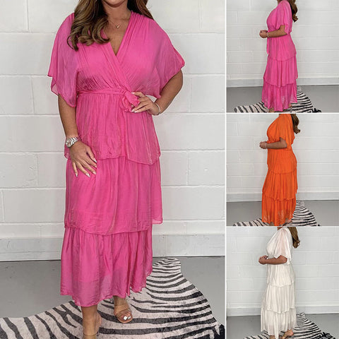 Robe de gâteau à manches volantées de couleur unie à la mode