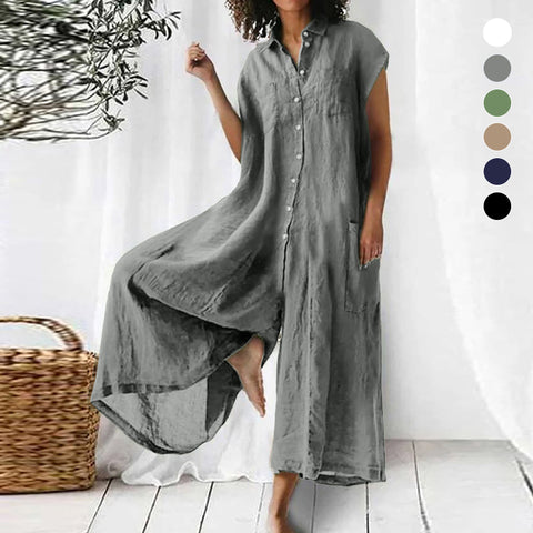 Combinaison d'été décontractée en coton et lin à manches courtes de couleur unie pour femmes
