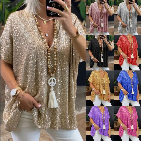 T-shirt ample à col en V avec paillettes
