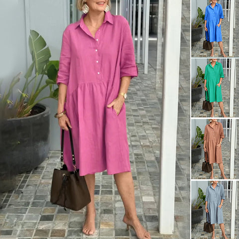 Robe en lin de coton avec col à revers et poches